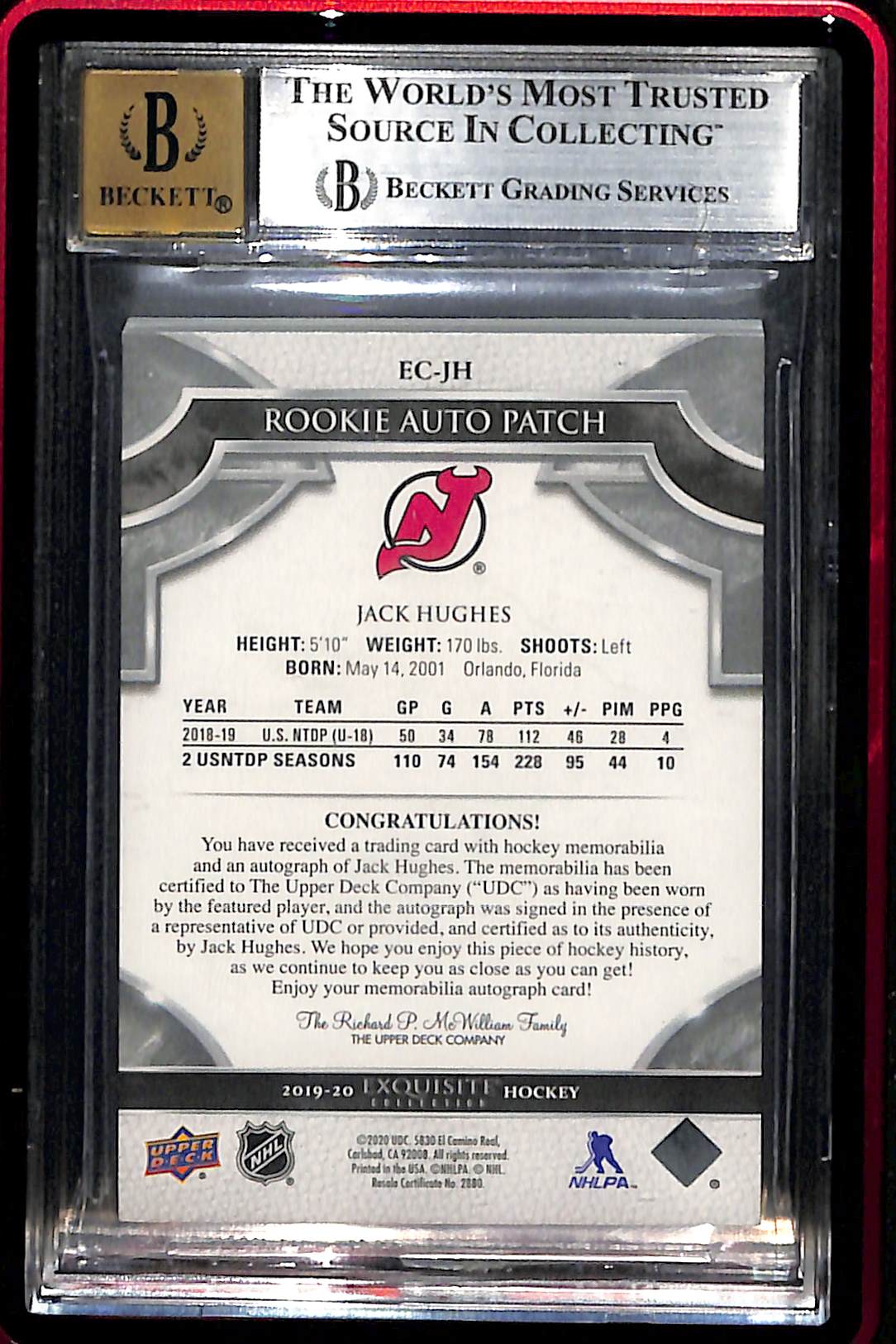 2019 Exquisite Collection Rookie Patch Autographs Jack Hughes #ECJH /86 BGS 8.5 Auto 10