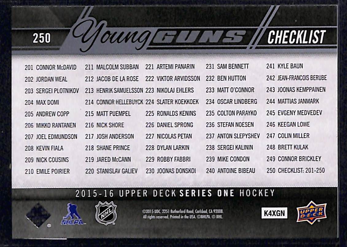 2015-16 Upper Deck Series 1 Young Guns Checklist (Connor McDavid / Sam Bennett) YG, CL #250