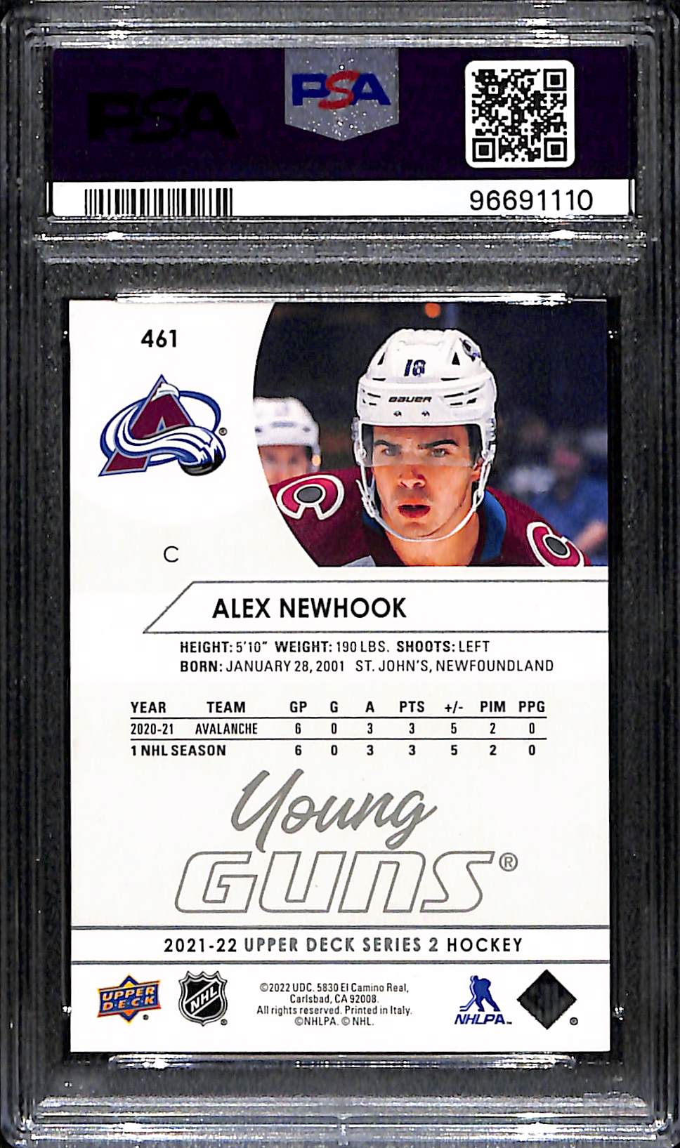 2021-2022 Upper Deck Alex Newhook #461 PSA 10