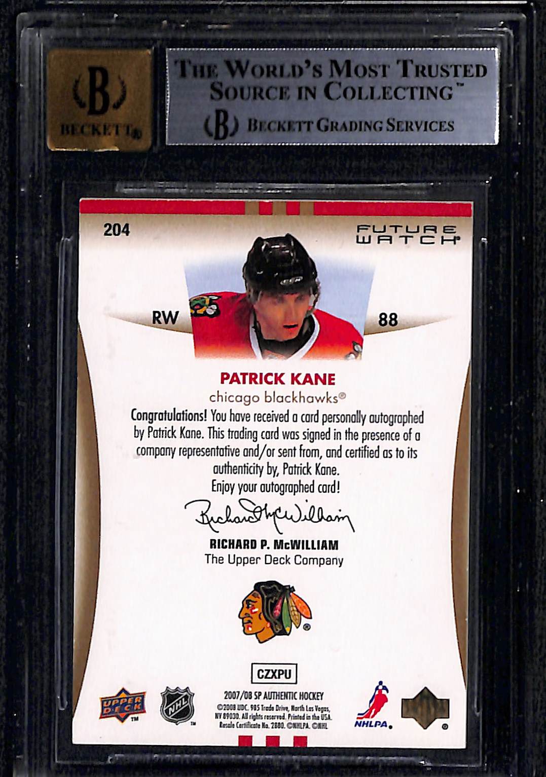 2007 SP Authentic Patrick Kane #204 Rookie BGS 8.5 Auto 10