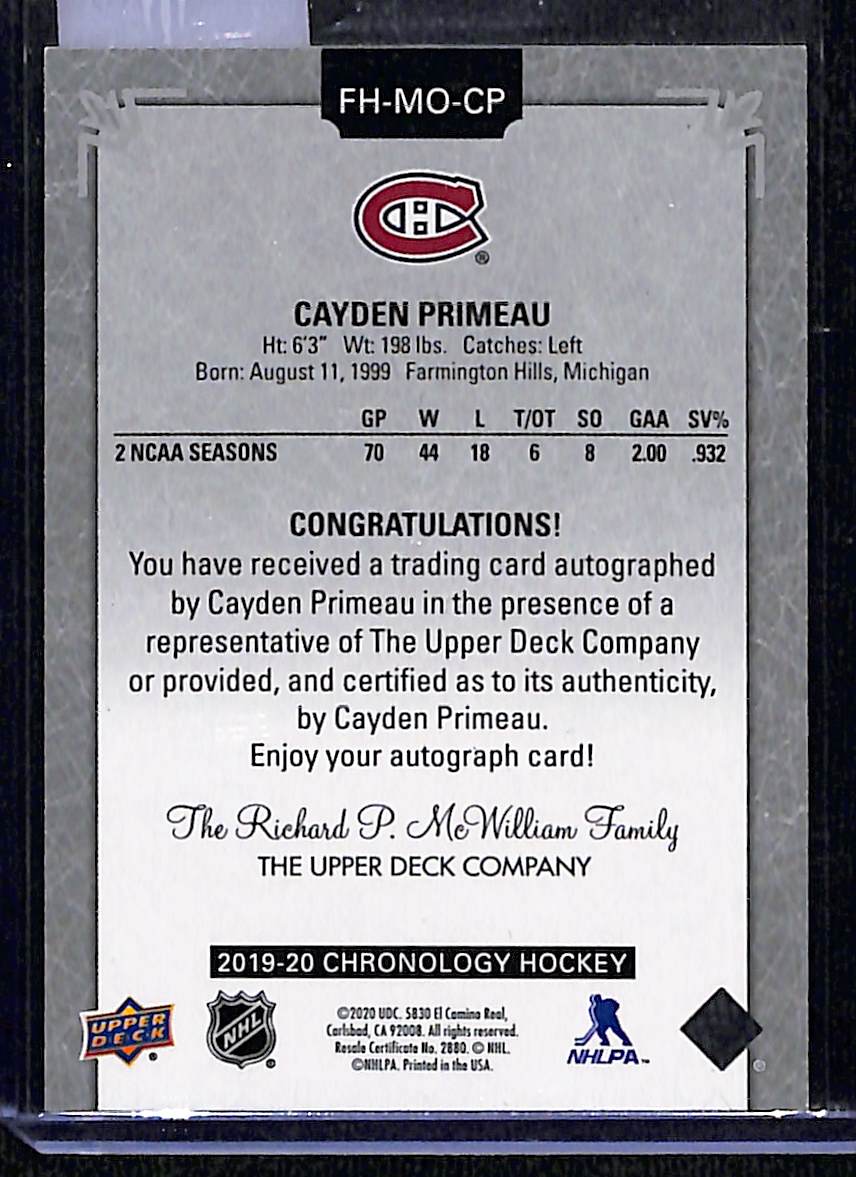2019-20 Chronology Cayden Primeau #FH-MO-CP