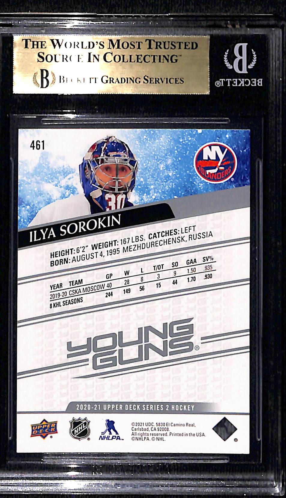2020 Upper Deck Ilya Sorokin YG #461 Rookie BGS 9.5