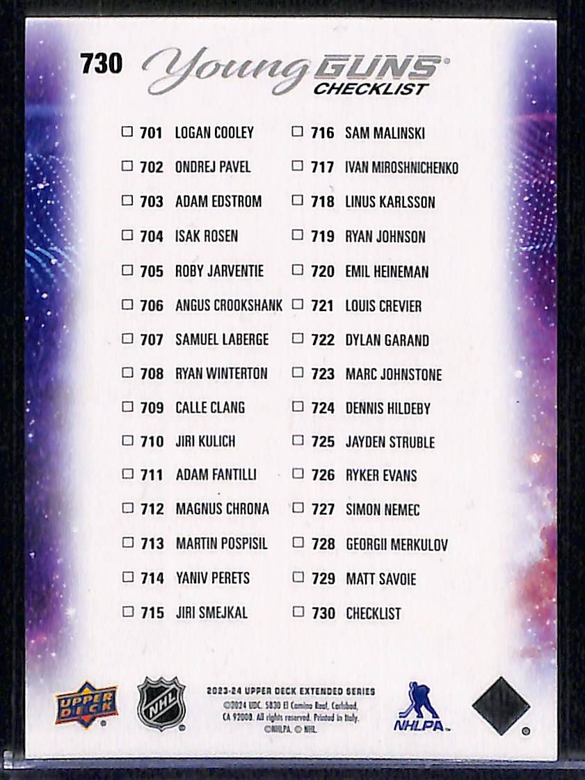 2023-24 Upper Deck Extended Series Young Guns Checklist (Adam Fantilli / Logan Cooley) YG, CL #730