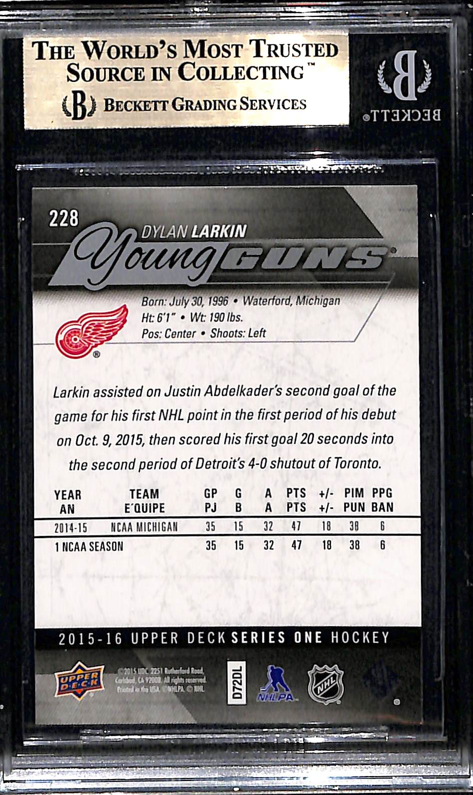 2015-16 Upper Deck Dylan Larkin YG RC #228 BGS 9.5