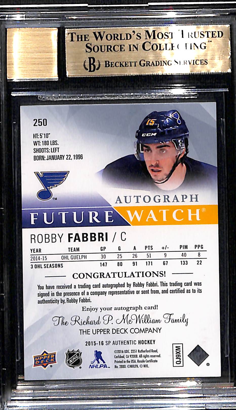2015-16 SP Authentic Robby Fabbri RC #250 BGS 9.5