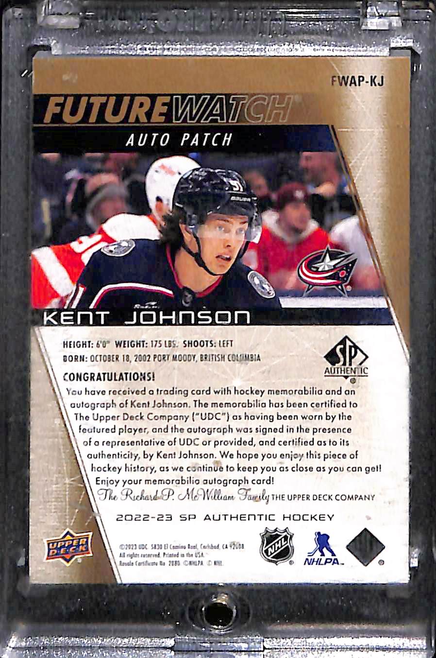 2023 2022-23 Upper Deck SP Authentic Future Watch Auto Patch Kent Johnson #FWAP-KJ Future Watch Auto Patch 011/111 Auto Patch