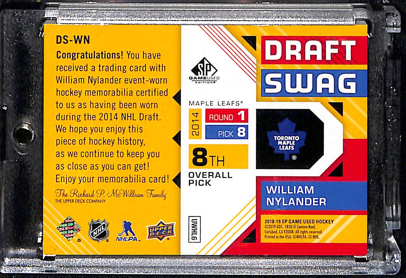 2018-19 Upper Deck Game Used William Nylander #DS-WN Draft Swag 14/14