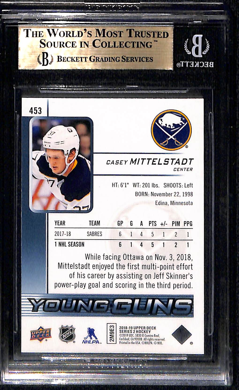 2018 Upper Deck Casey Mittelstadt YG #453 Rookie BGS 9.5