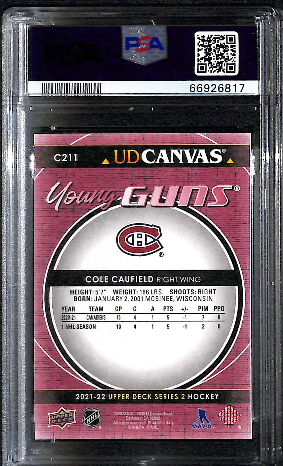 2021-2022 Upper Deck UD Canvas Cole Caufield #C211 PSA 10