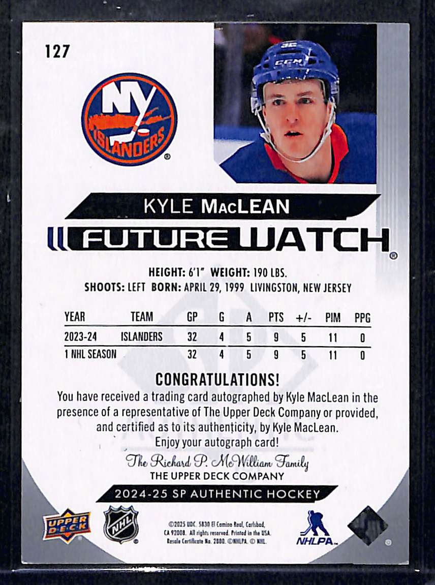 2025 2024-25 Upper Deck SP Authentic Future Watch Kyle MacLean #127 Autograph 940/999