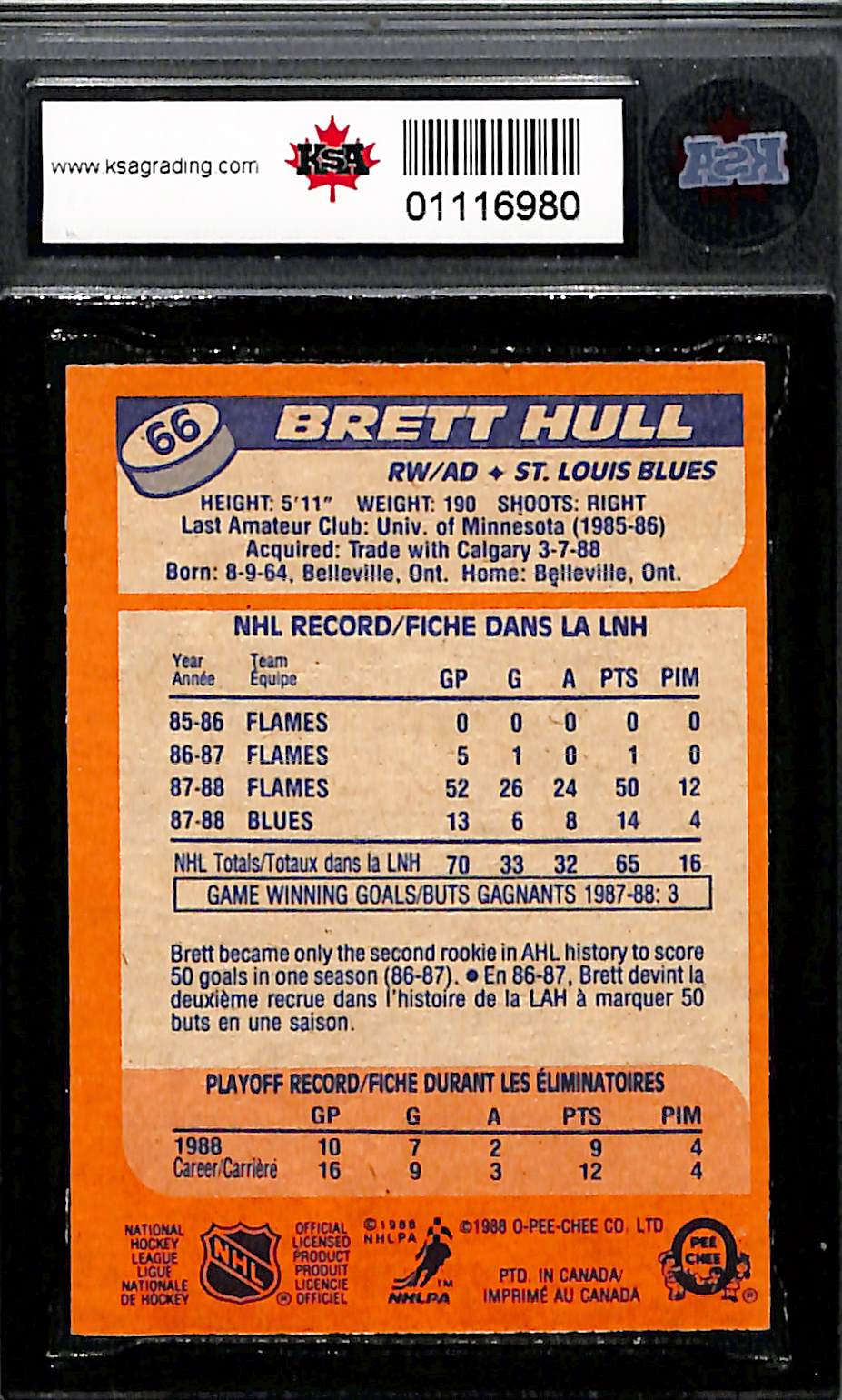 1988 Topps Brett Hull #66 KSA 8.5