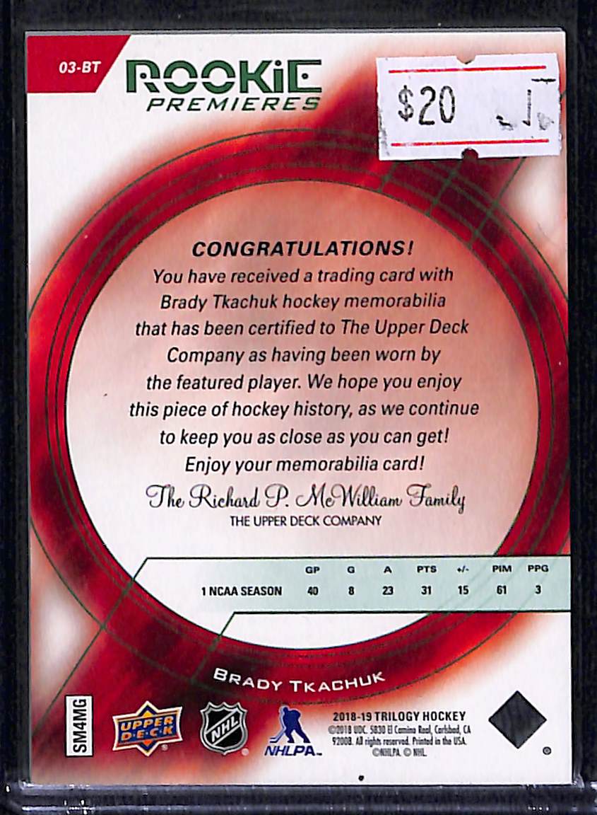 2018-19 Upper Deck Trilogy Rookie Premieres Brady Tkachuk #03-BT Rookie Premieres 134/399 Memorabilia