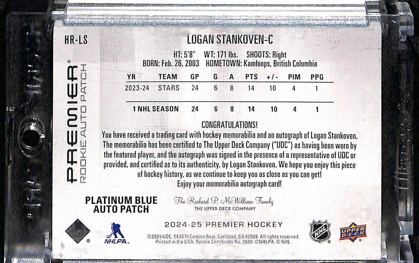 2024 Upper Deck Premier Logan Stankoven #HR-LS Platinum Blue Patch