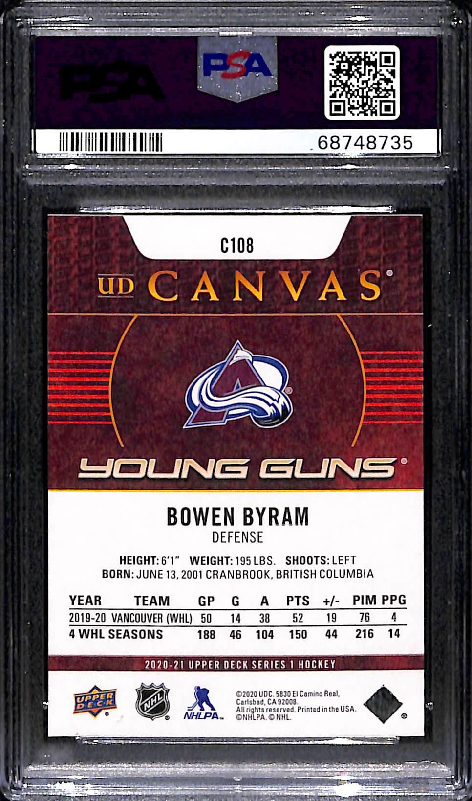 2020 Upper Deck UD Canvas Bowen Byram #C108 PSA 9