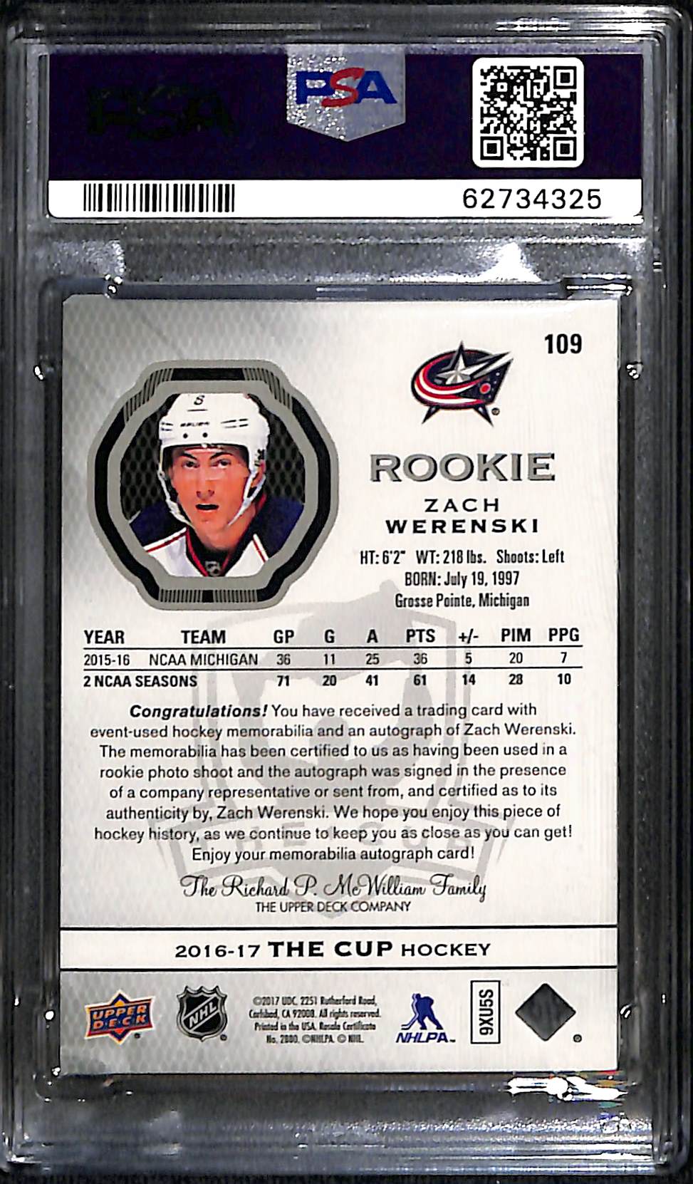 2016 Upper Deck The Cup Zach Werenski #109 Autograph Patch PSA 10