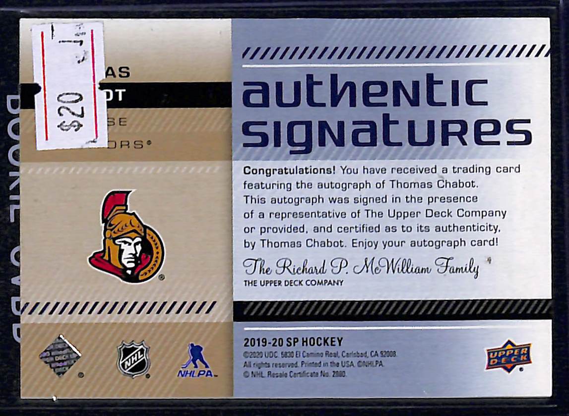 2019-20 Upper Deck SP Authentic Thomas Chabot #AS-TC Authentic Signatures