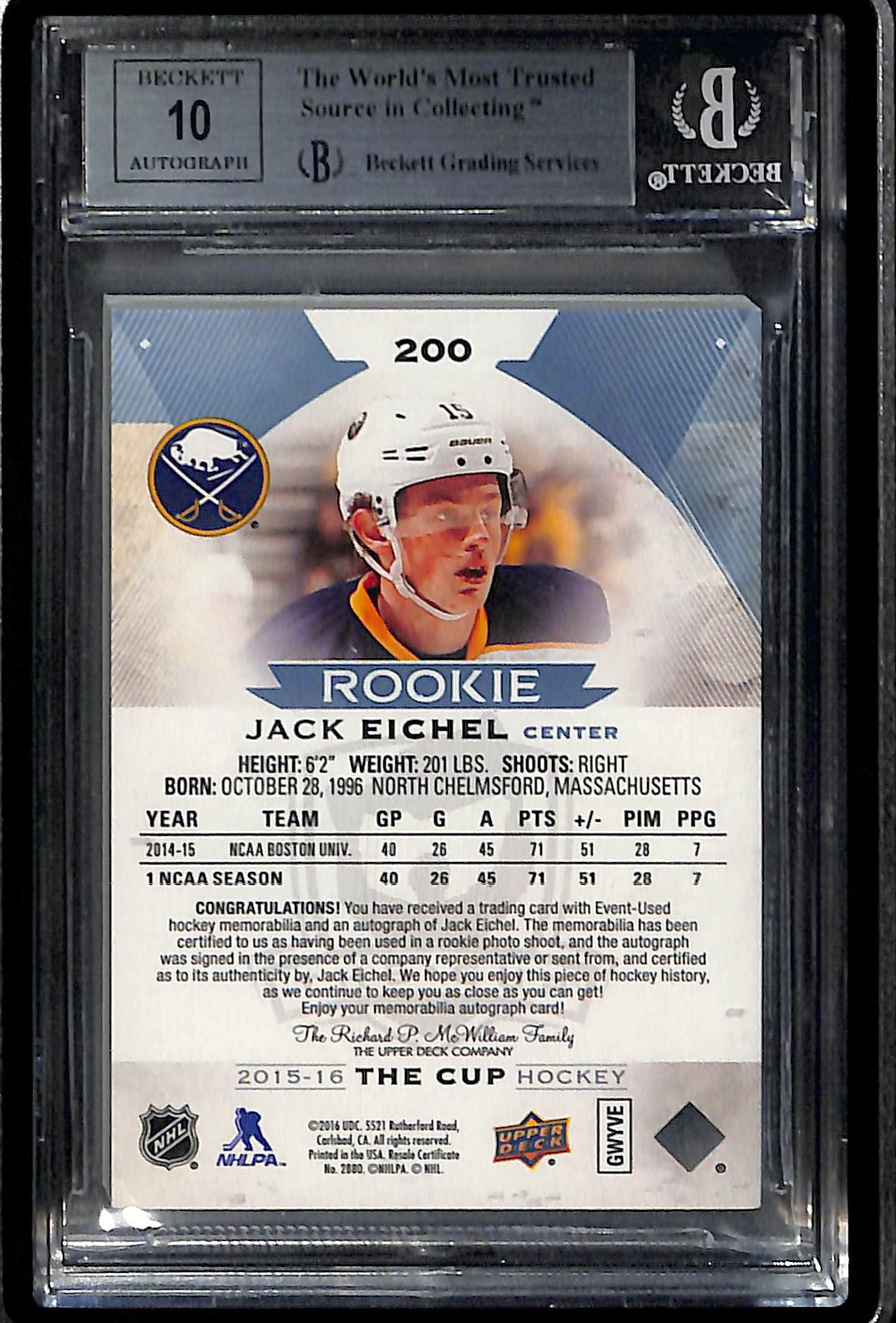 2015 The Cup 99 XRC Jack Eichel JSY #200B /99 AU/99 BGS 8.5 Auto 10
