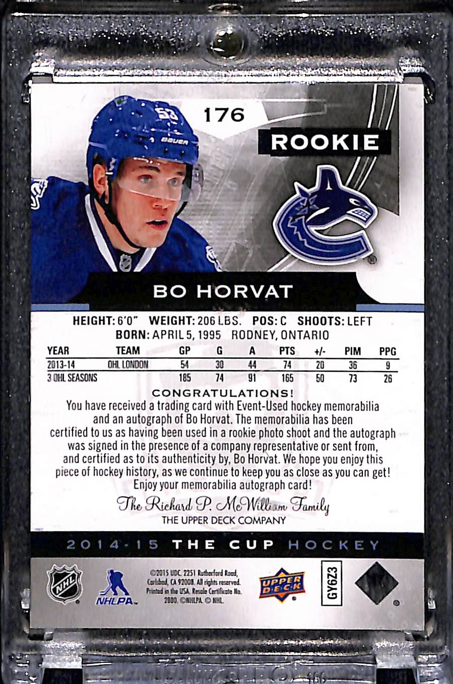 2014-15 Upper Deck The Cup Bo Horvat #176 13/99