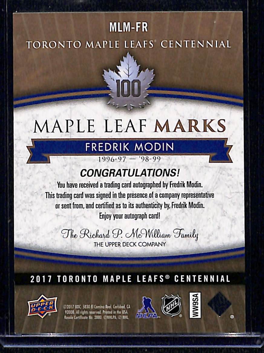 2017 Toronto Maple Leafs Centennial Fredrik Modin #MLM-FR