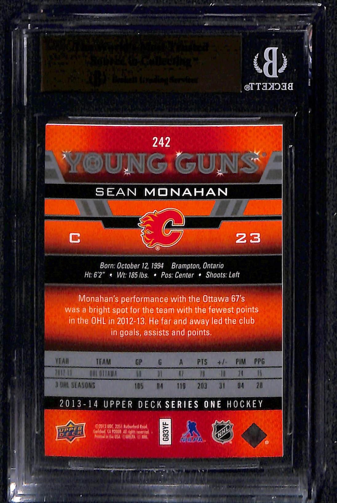 2013 Upper Deck Sean Monahan YG #242 Rookie BGS 9.5