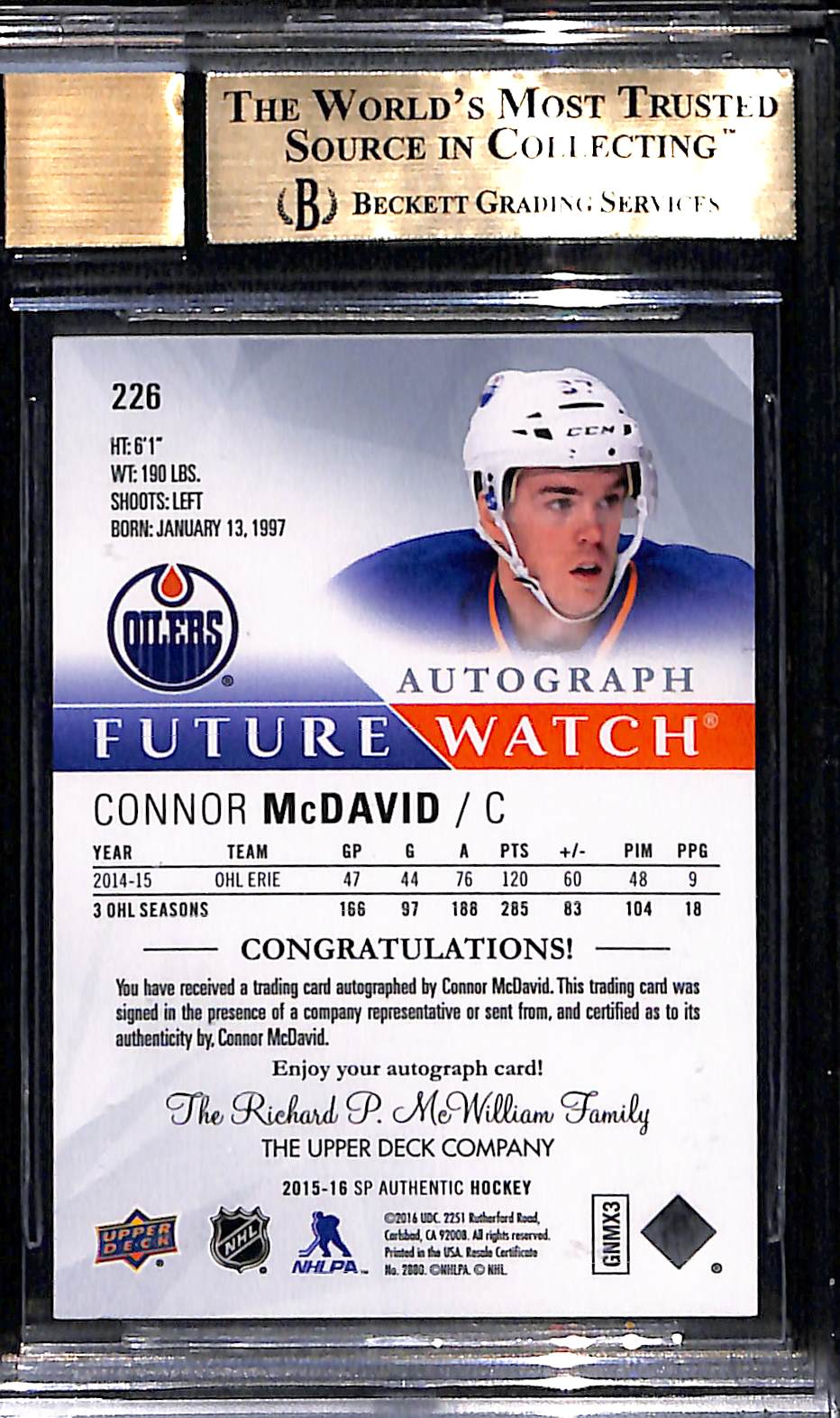 2015-16 SP Authentic Connor McDavid RC #226 BGS 9.5 Auto 10