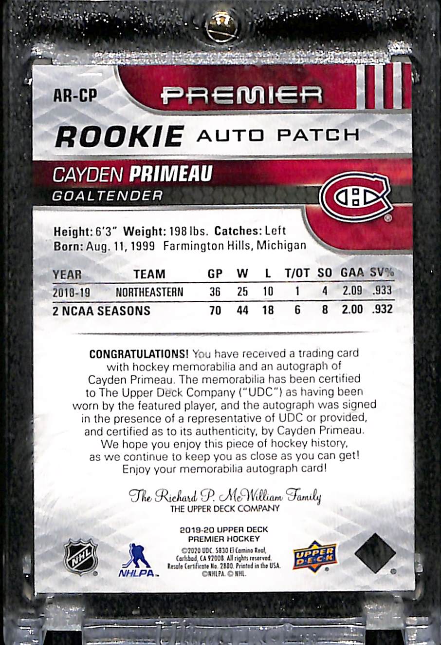 2020 2019-20 Upper Deck Premier Cayden Primeau #282 RPA 28/149