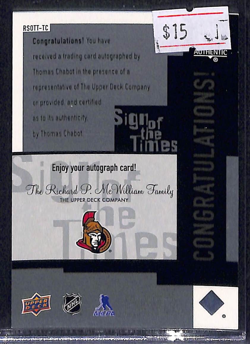 2017-18 Upper Deck SP Authentic Sign of the Times Thomas Chabot #SOTT-TC Sign of the Times Autograph
