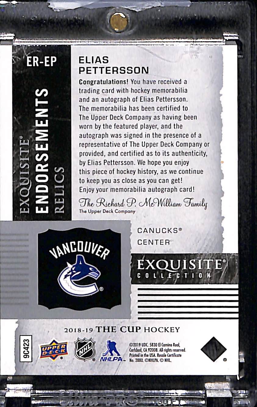 2019 2018-19 Upper Deck The Cup Elias Pettersson #ER-EP Rookie Endorsements Relics /50