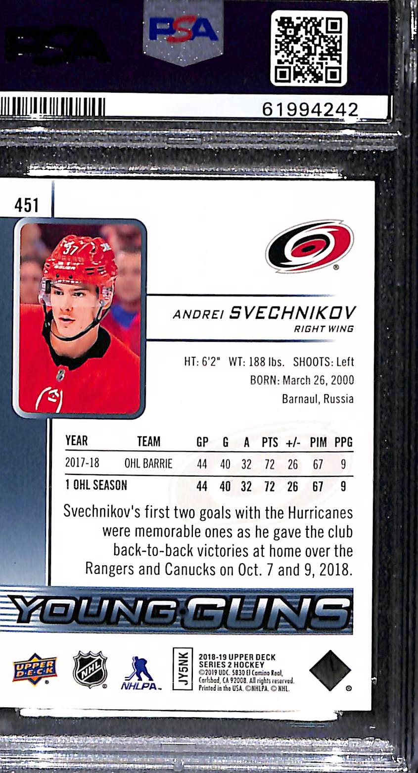 2018 Upper Deck Andrei Svechnikov #451 PSA 10
