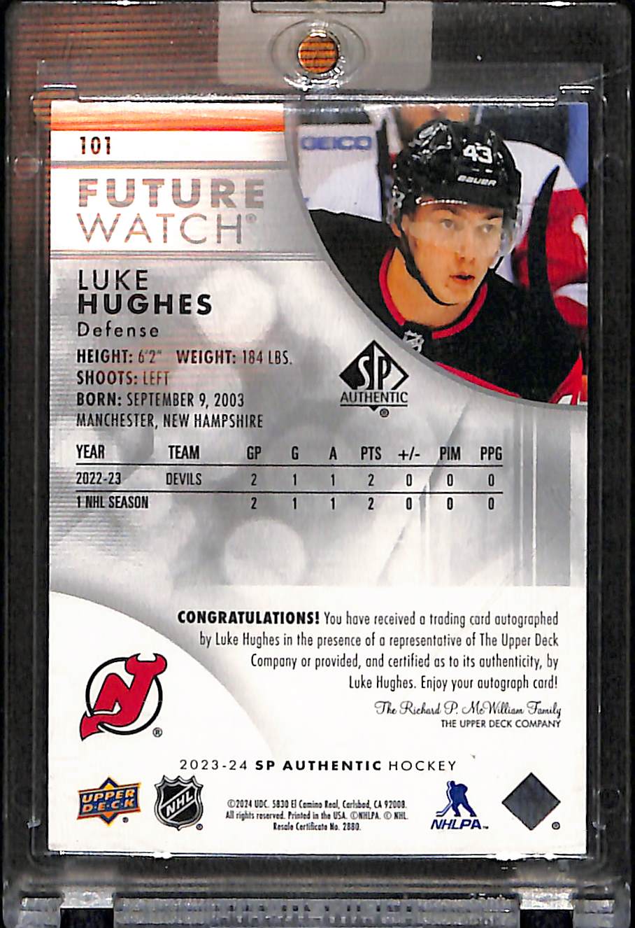 2023 SP Authentic Luke Hughes #101 Future Watch Auto Inscribed 28/999