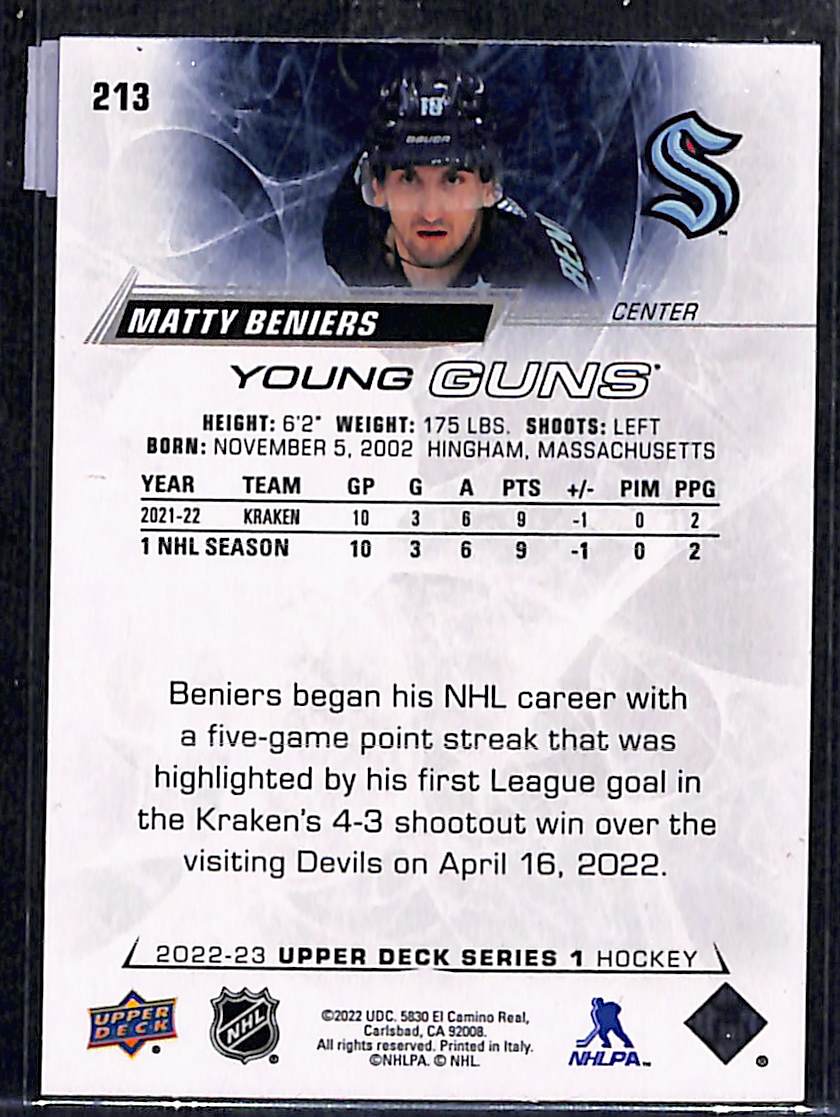 2022-23 Upper Deck Series 1 Matty Beniers #213 Young Gun