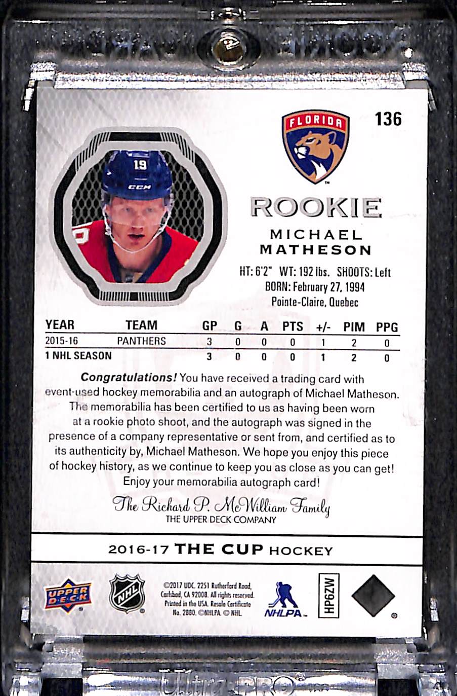 2016-17 Upper Deck The Cup Michael matheson #111 193/249