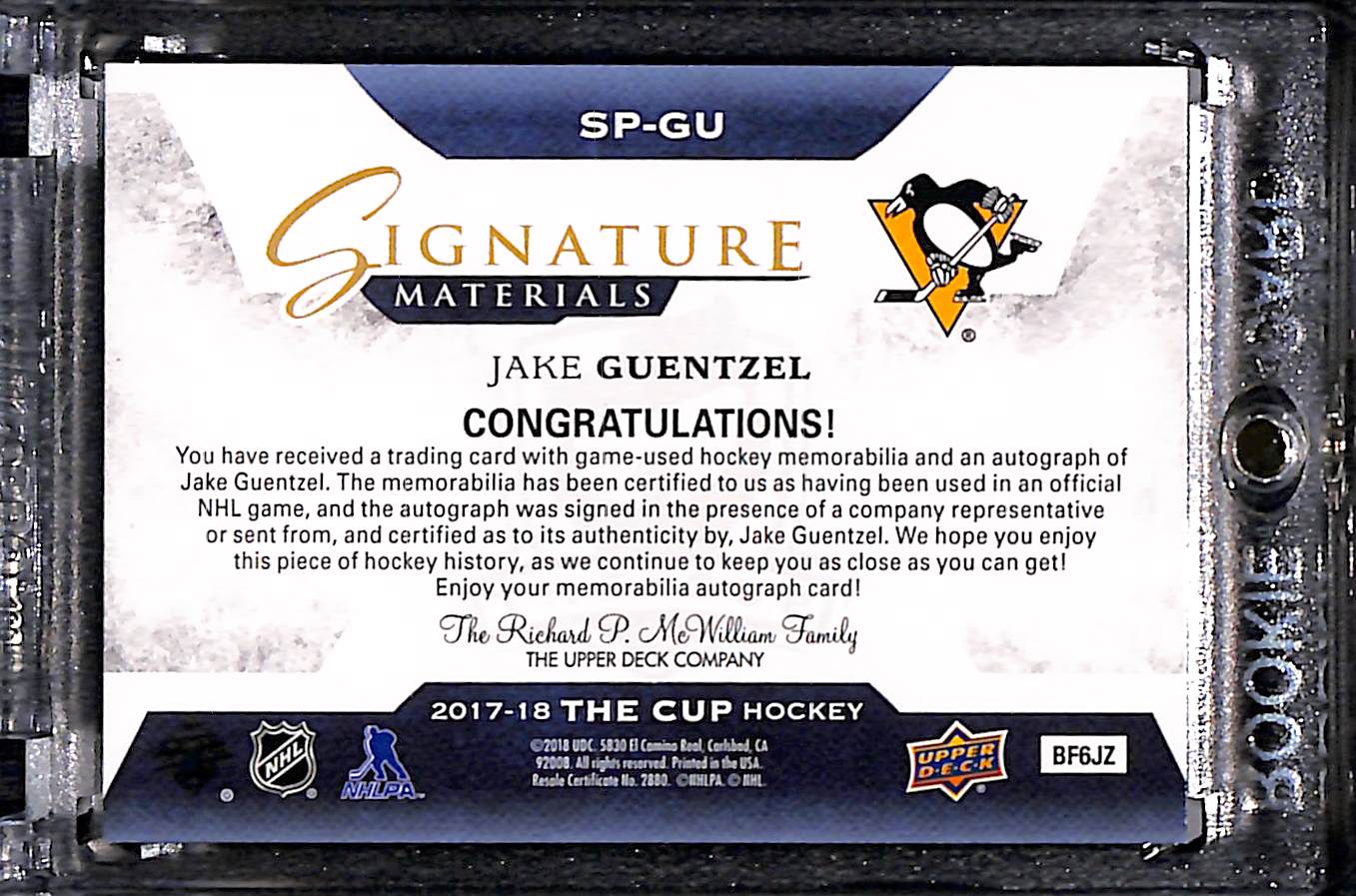 2017-18 Upper Deck The Cup Jake Guentzel #SP-GU 89/99
