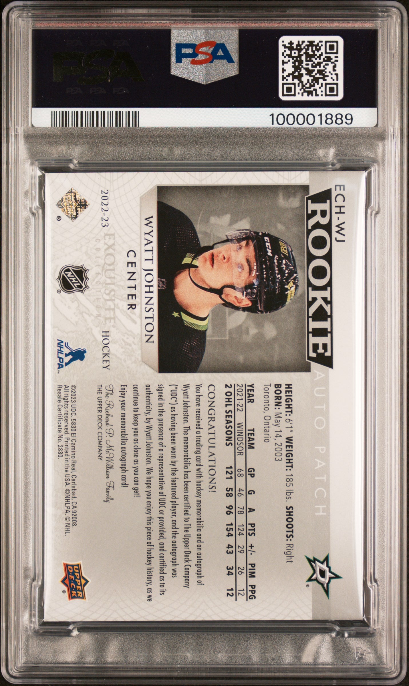 2022 Upper Deck The Cup Exquisite Collection Rookie Autograph Patch Horizontal Wyatt Johnston #ECHWJ PSA 9