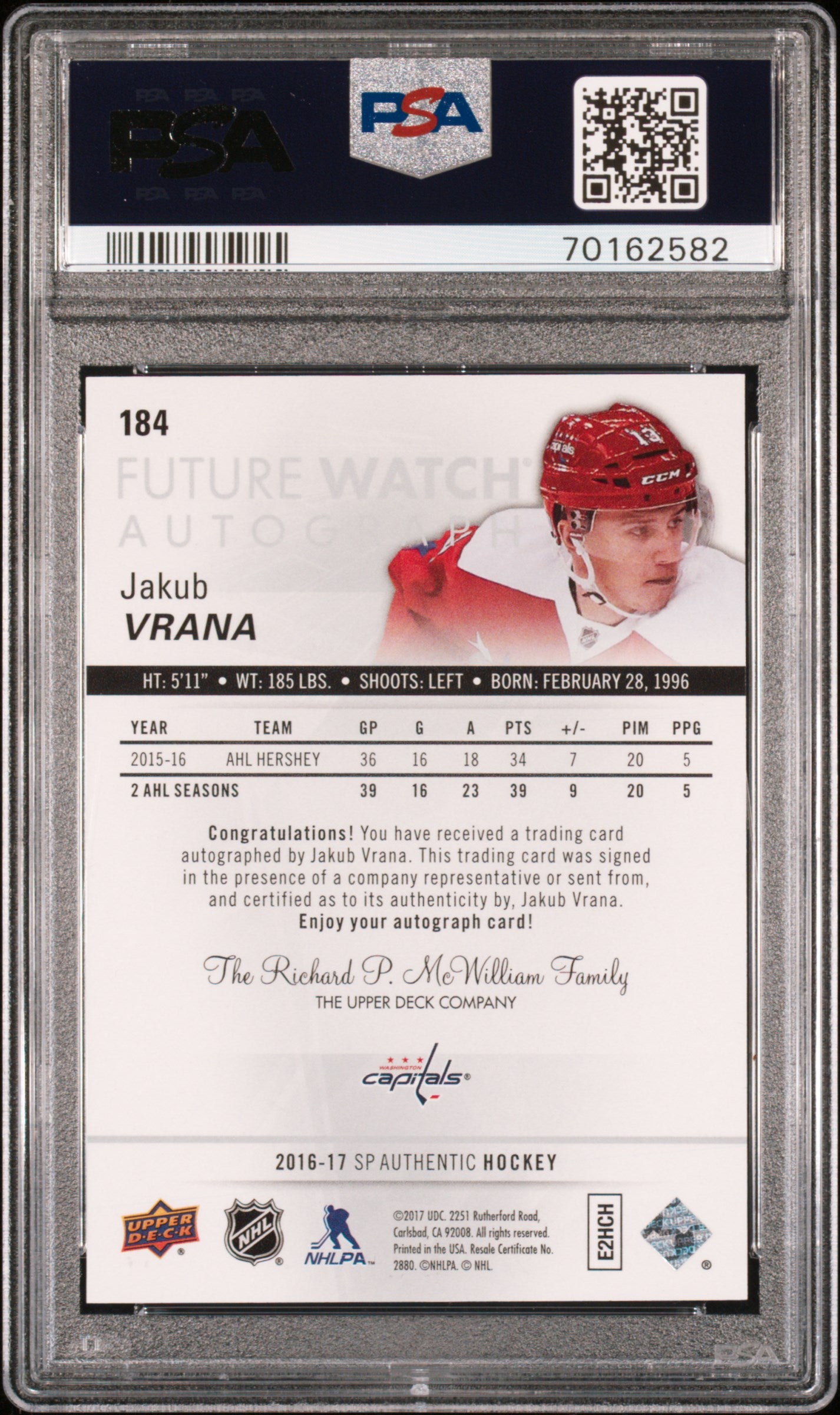 2016 SP Authentic Jakub Vrana #184 PSA 10