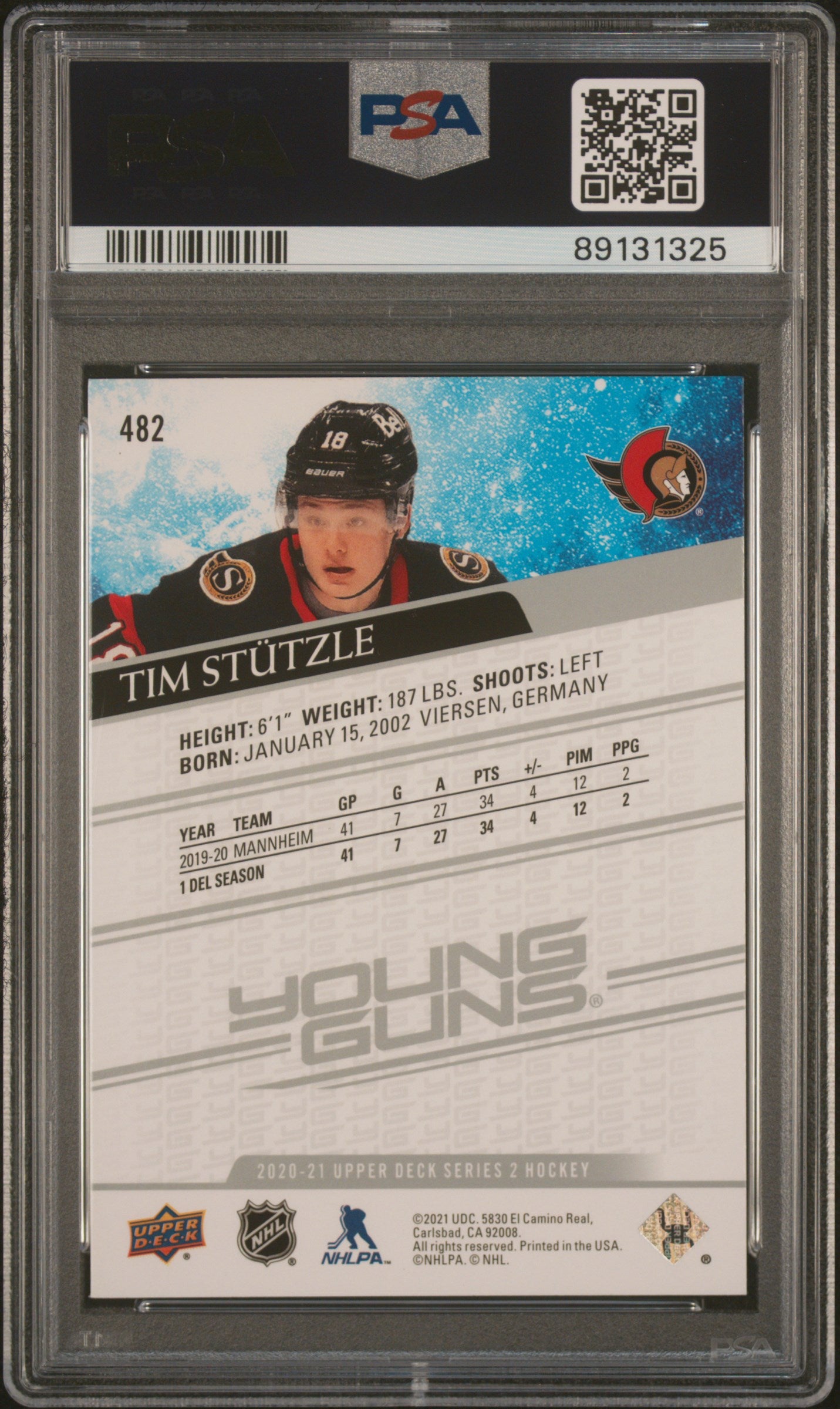2020 Upper Deck Tim Stutzle #482 PSA 10