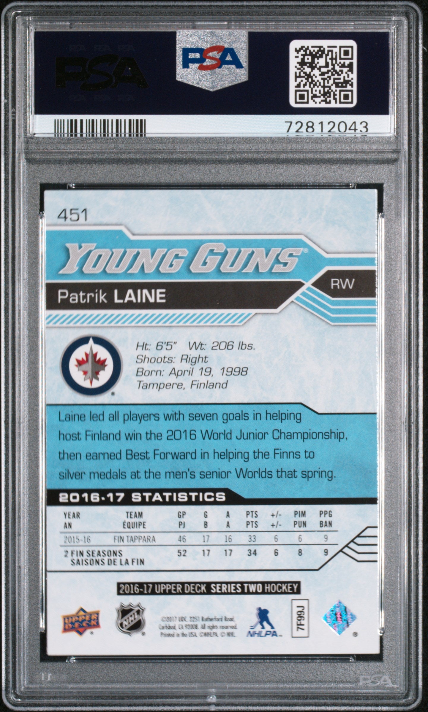 2016 Upper Deck Patrik Laine #451 PSA 10