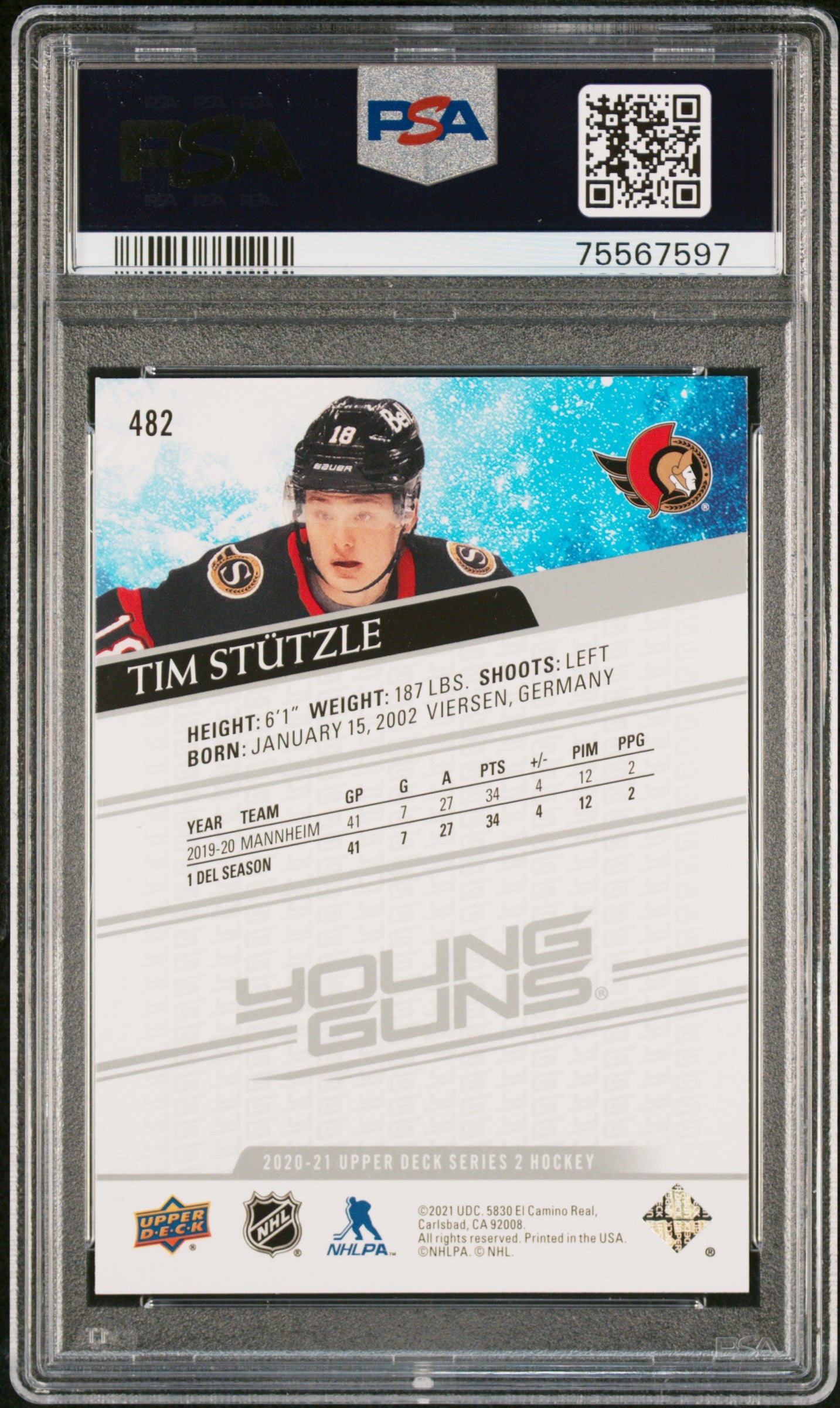 2020 Upper Deck Tim Stutzle #482 PSA 10
