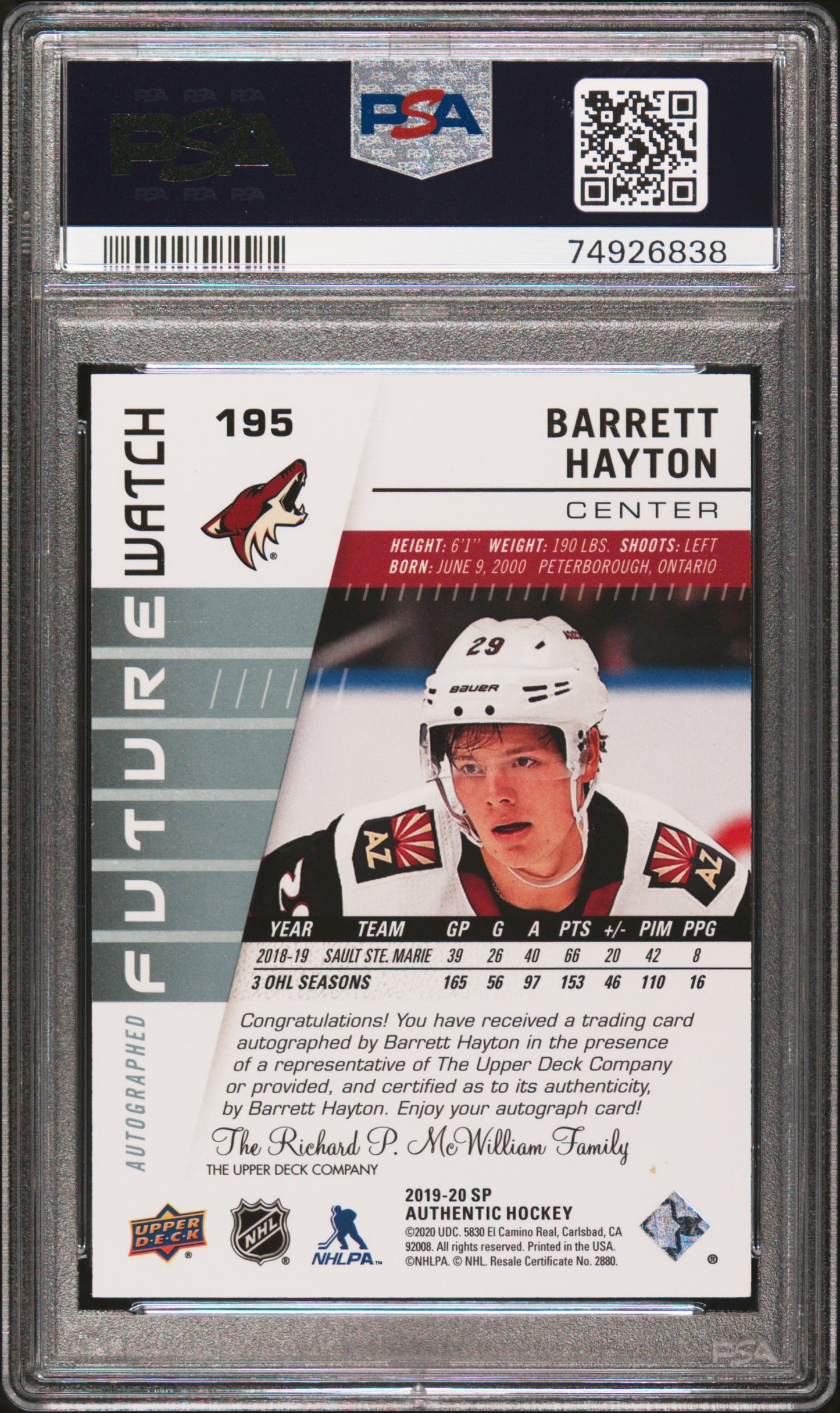 2019 SP Authentic Barrett Hayton #195 PSA 9