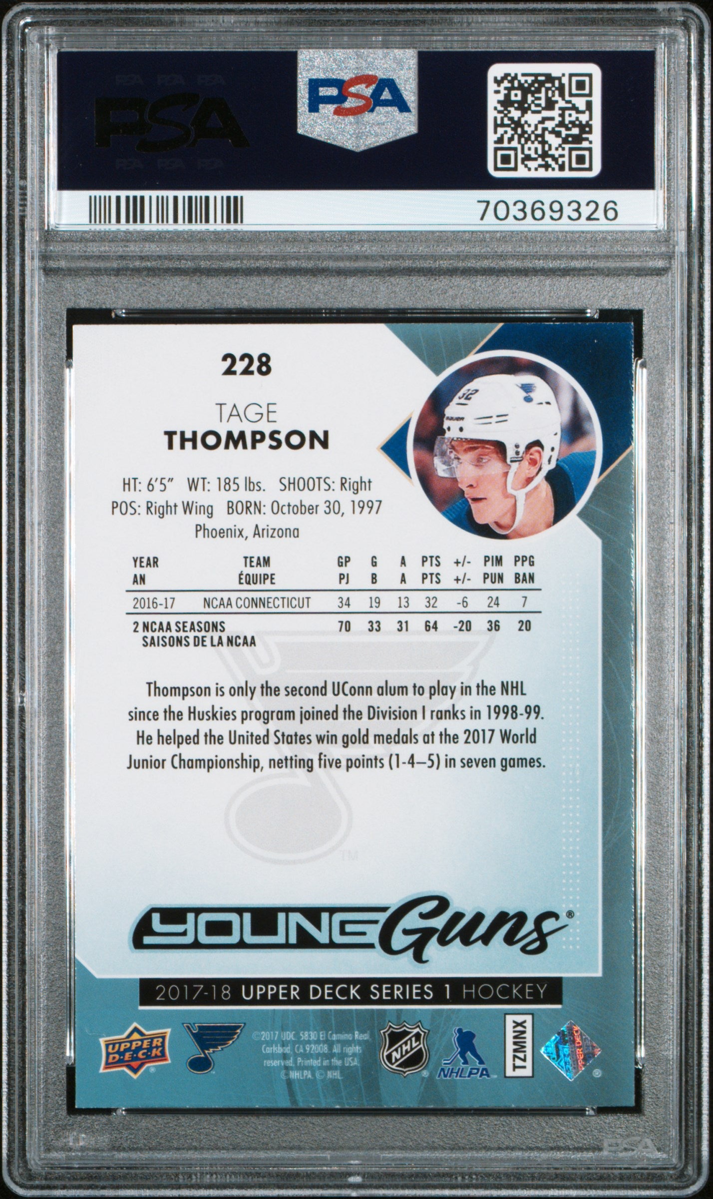 2017 Upper Deck Tage Thompson #228 PSA 10
