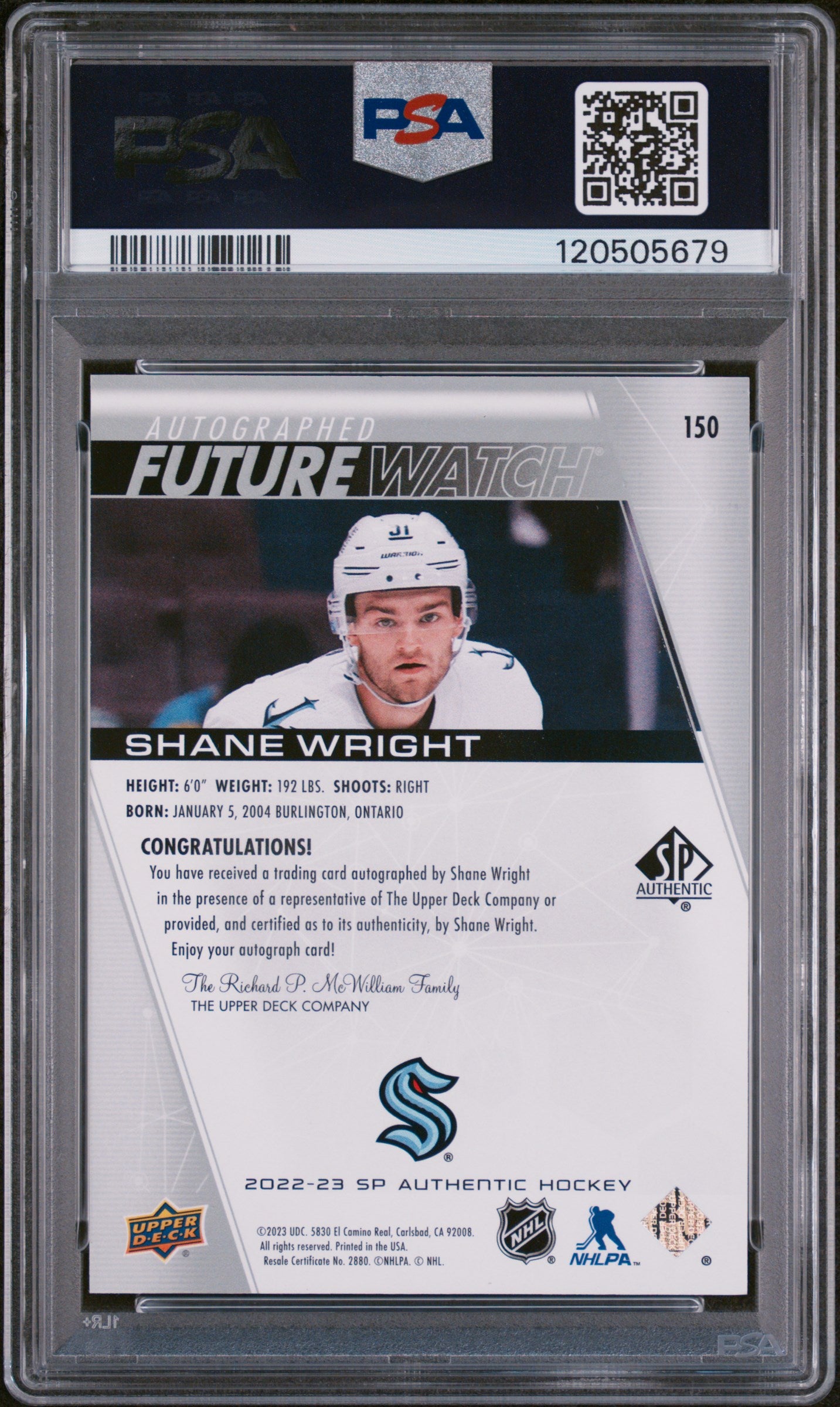 2022 SP Authentic Shane Wright #150 Inscribed Autograph PSA 9