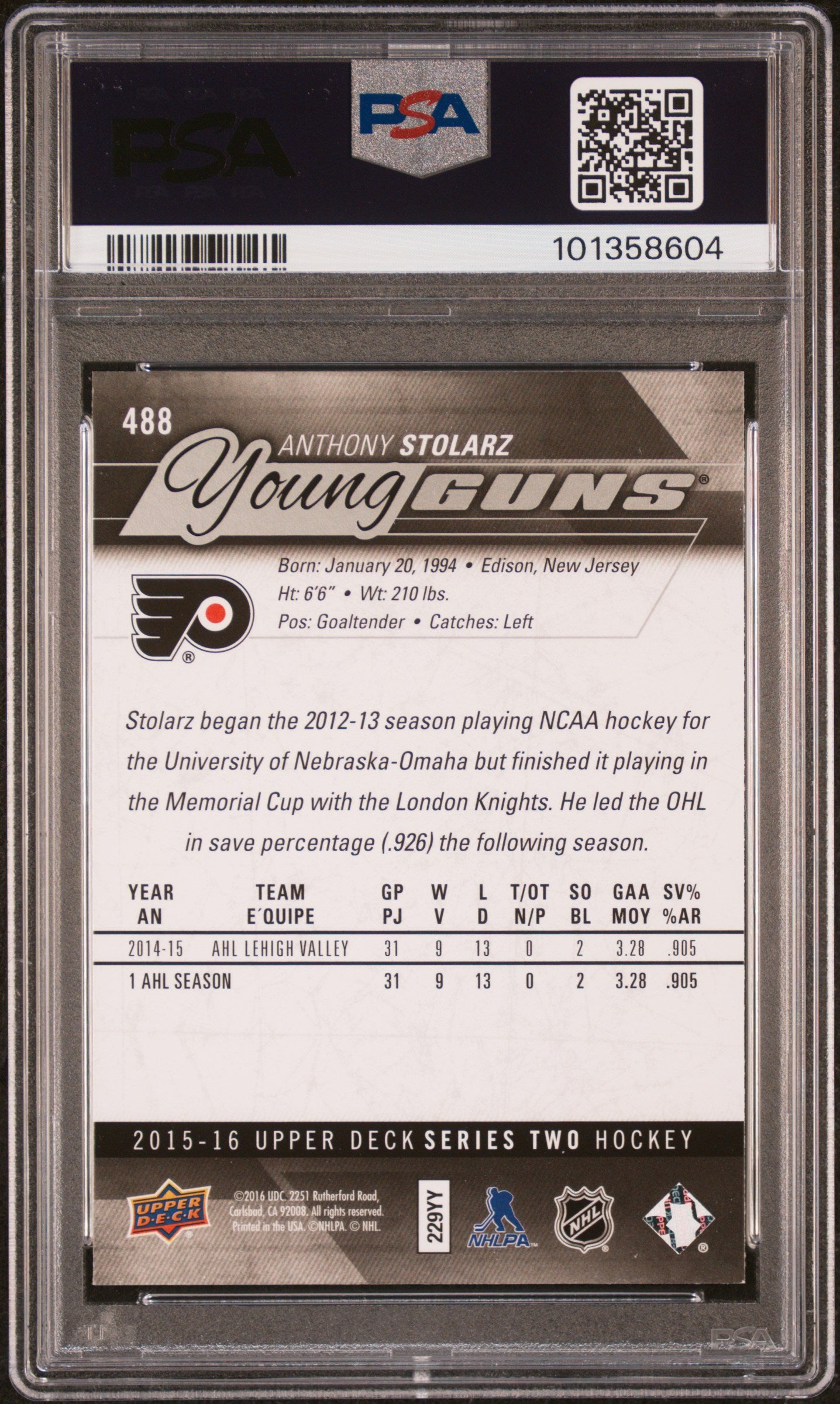 2015 Upper Deck Anthony Stolarz #488 PSA 8