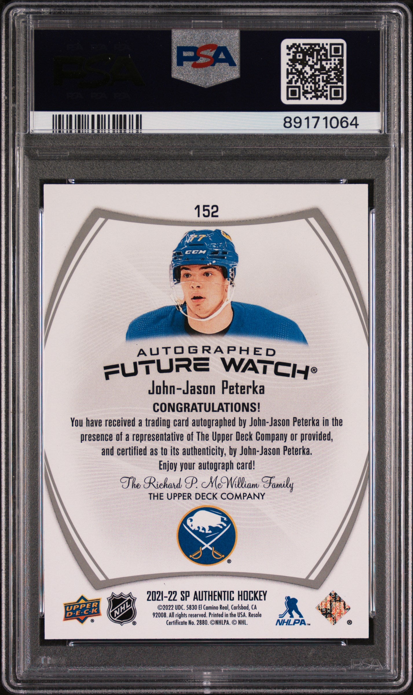 2021 SP Authentic John-Jason Peterka #152 Autograph 733/999 PSA 10