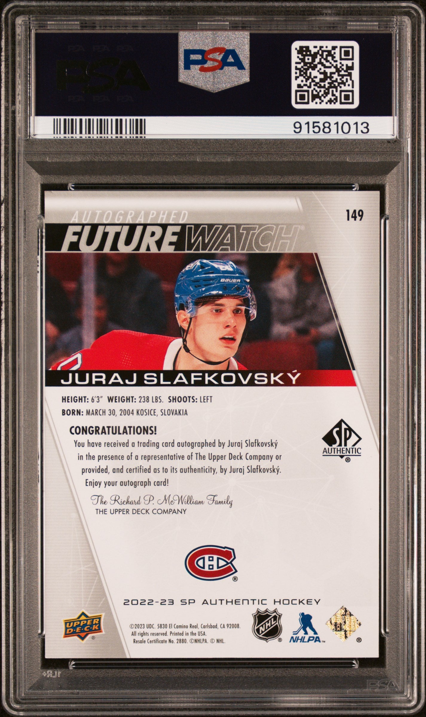 2022 SP Authentic Juraj Slafkovsky #149 Autograph 661/999 PSA 9
