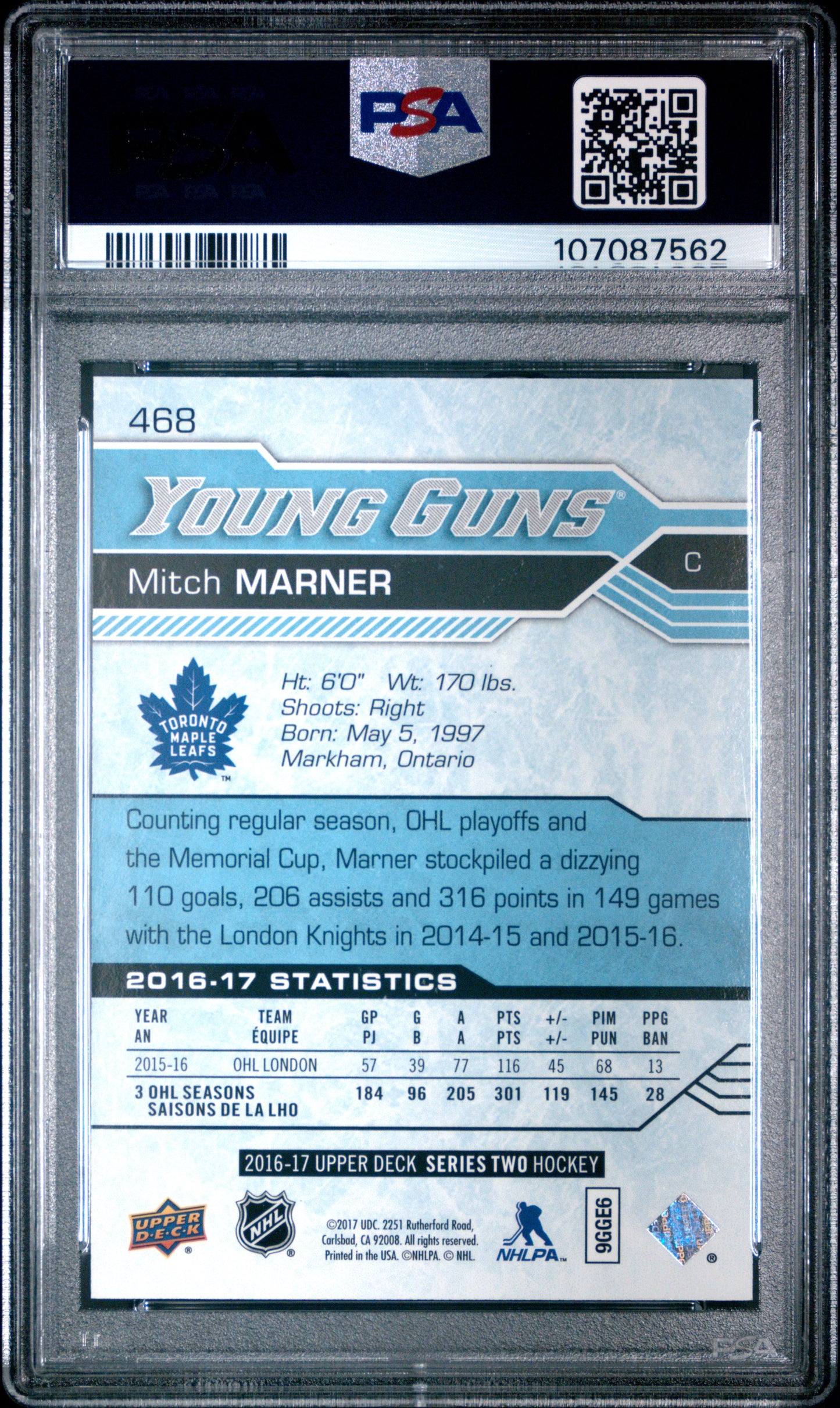 2016 Upper Deck Mitch Marner #468 PSA 10