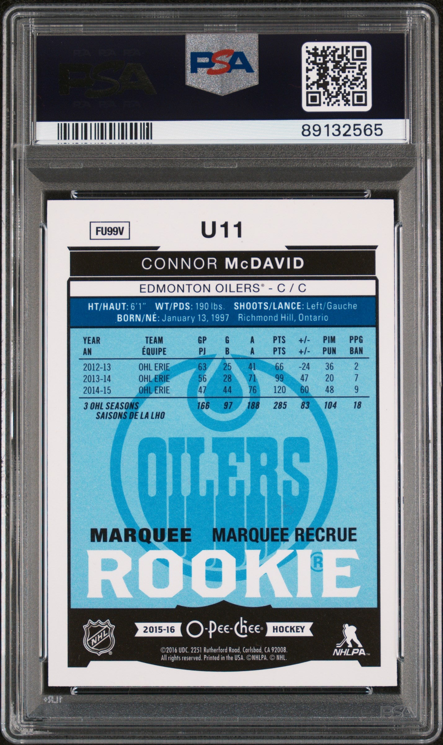 2015 O-Pee-Chee Update Connor McDavid #U11 Rainbow Foil PSA 7