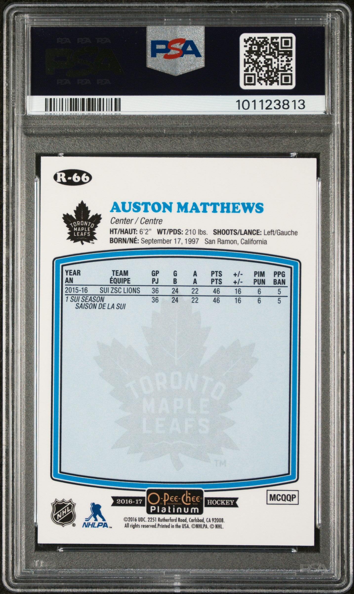 2016 O-Pee-Chee Platinum Retro Auston Matthews #R66 / PSA 8