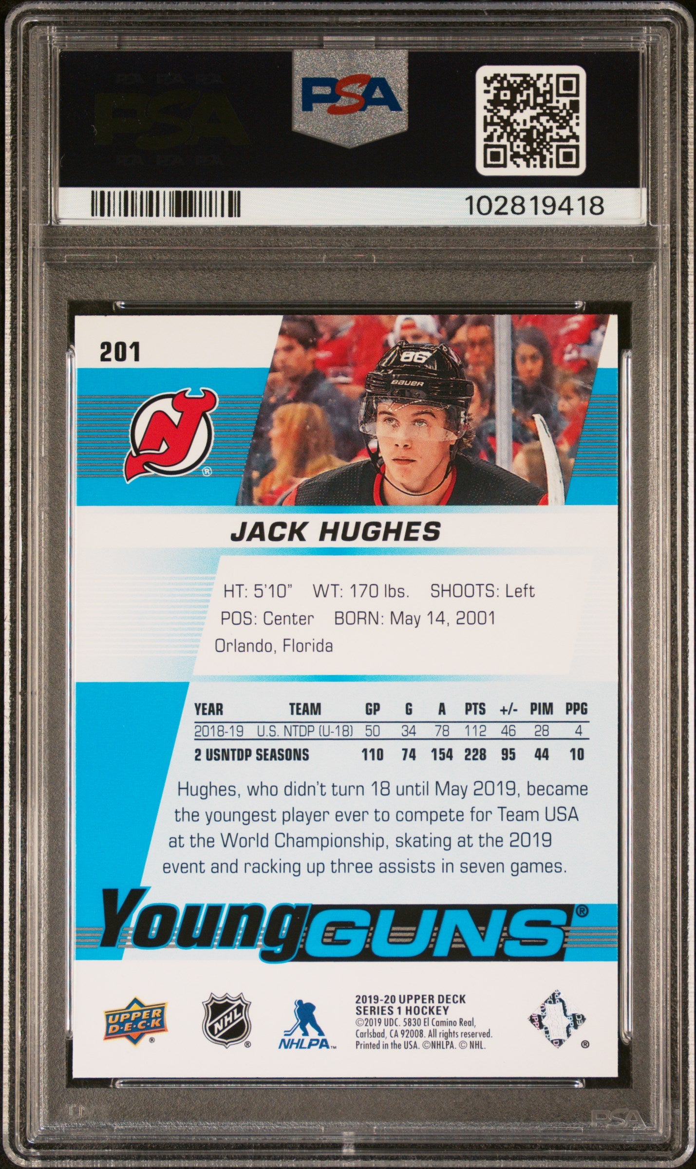 2019 Upper Deck Jack Hughes #201 PSA 10