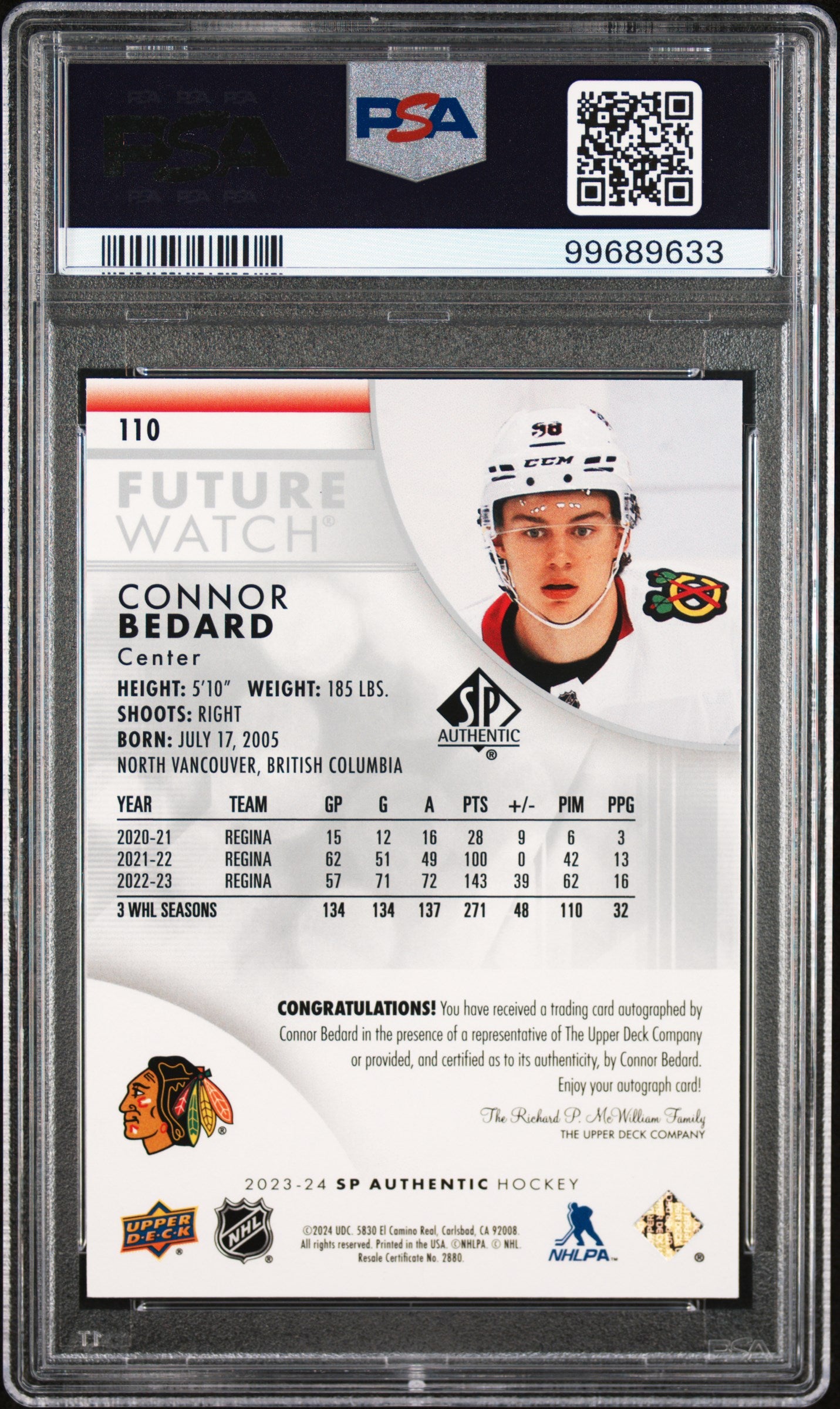 2023 SP Authentic Connor Bedard #110 Autograph 052/999 PSA 9