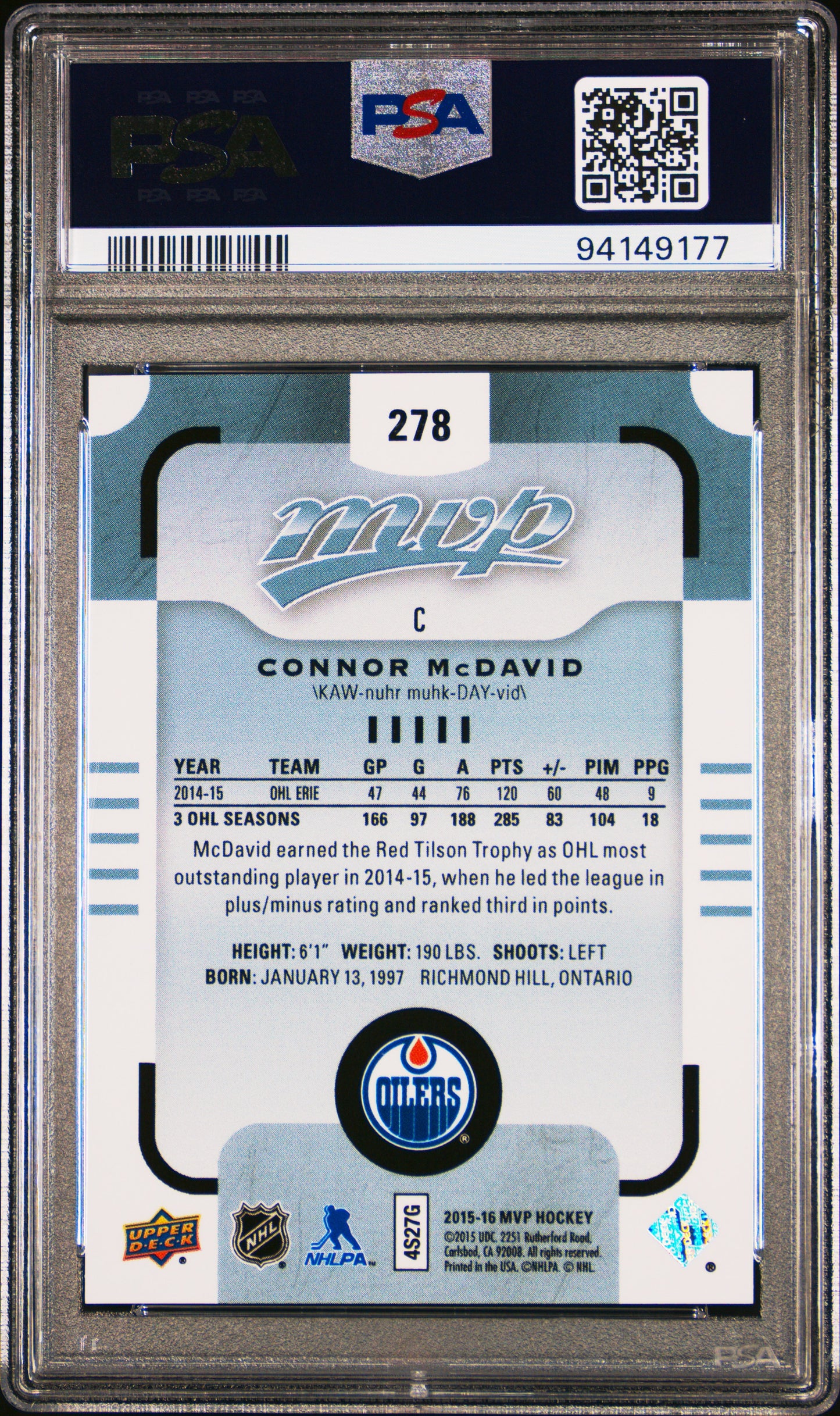 2015 Upper Deck MVP Connor McDavid #278 PSA 10